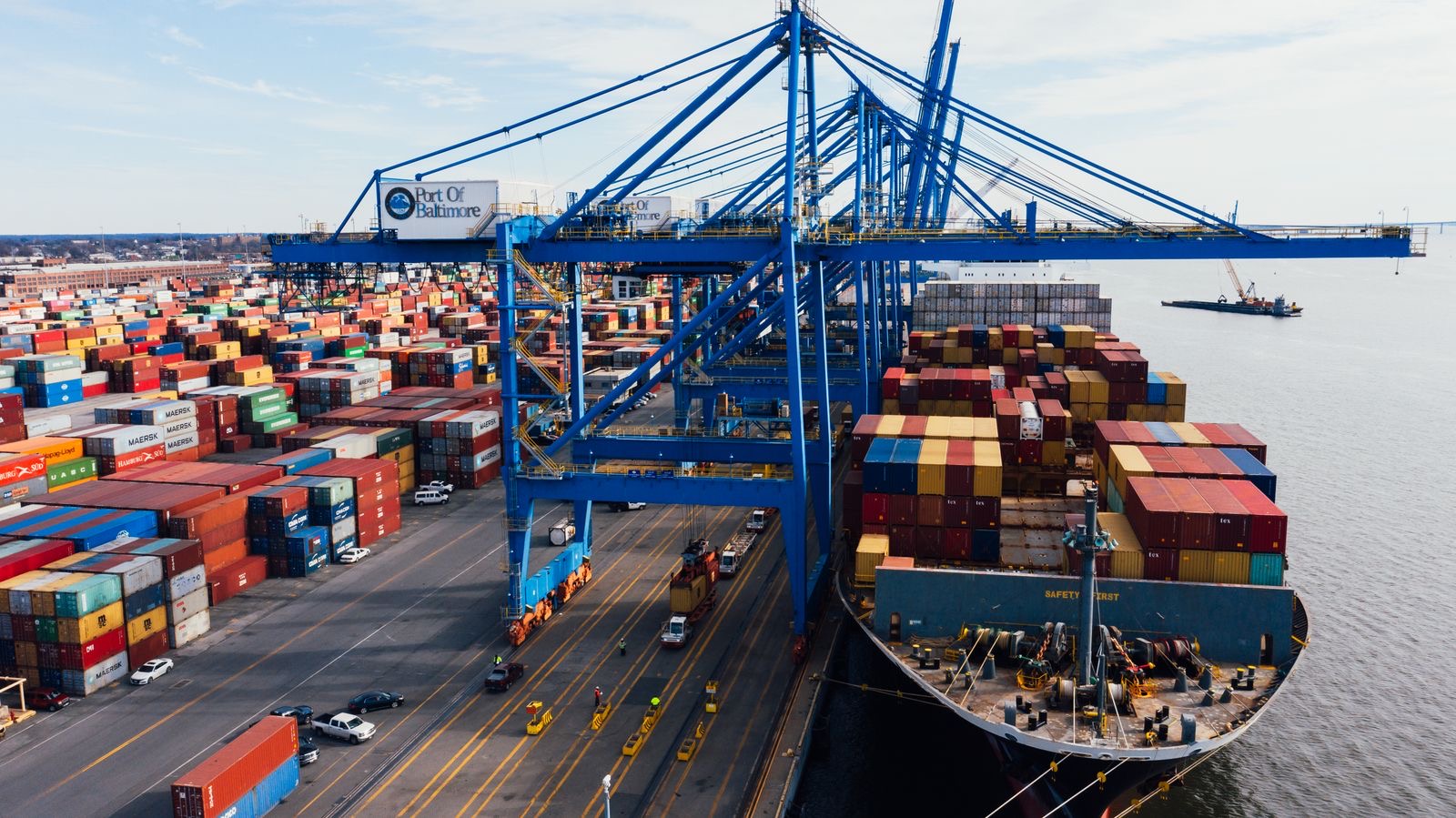 Aerial view of shipping containers at a port